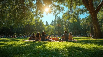 Friends enjoying a picnic in a park, all using sustainable packaging and reusable cutlery, green open space, sunny weather,