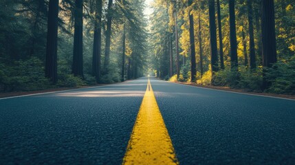 An empty road with yellow traffic lines through a dense pine forest, with sunlight streaming through the branches
