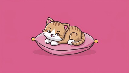 Obraz premium Adorable cartoon-style cat lying comfortably on a blue cushion set against a pink background. Concept of pets and relaxation.