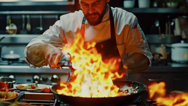 Chef Creates Flamb&eacute; Dish with Open Flames in a High-Tech Kitchen, Shot in 8K Resolution