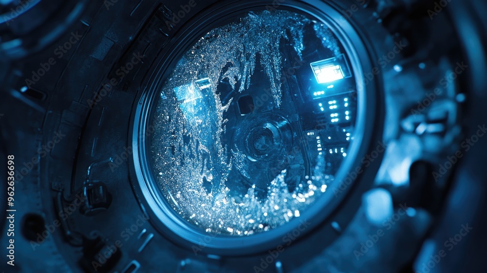 Poster a close-up of a space module window with reflections and bubbles, depicting a futuristic environment