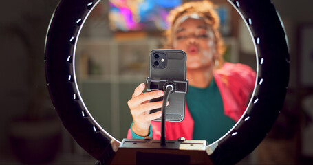 Happy woman, influencer and phone with ring light for content creation, video recording or online...