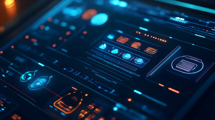Futuristic Interface 3D Illustration with Blue and Orange Glowing Elements