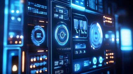 Obraz premium Futuristic Technology Interface: Abstract 3D Design with Blue Glowing Lights