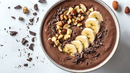 A creamy chocolate hazelnut smoothie bowl topped with sliced bananas, nuts, and cocoa nibs on a white background