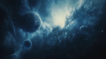 Cyanotype print of  moons, phases of moon with cosmic style clouds, beautiful night, abstract artwork, abstract background, aesthetic wallpaper, abstract landscape 