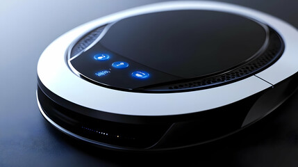 Black and White Robot Vacuum Cleaner with Blue Lights - 3D Illustration