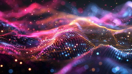 Waves of light in neon colors, including hues of purple, pink, orange, and yellow, flow smoothly across the frame These waves resemble digital or energy patterns, with particles of light sparkling 