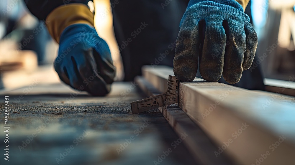 Poster a close-up of a worker measuring wood with a square tool in a workshop setting.