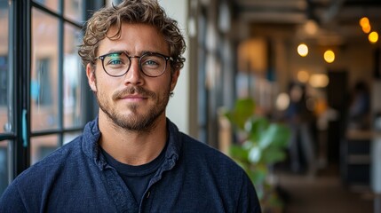Fototapeta premium A young man with curly hair and glasses poses confidently in a modern cafe during the day, with warm lights softly illuminating the background