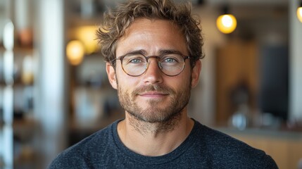 Fototapeta premium A young man with curly hair and glasses smiling warmly in a casual setting with soft lighting during the day