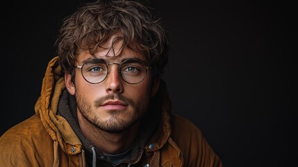 Fototapeta premium A young man with curly hair and glasses poses in an urban setting, wearing a warm jacket on a cool evening