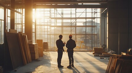 Team of engineers and architects inspecting construction progress, discussing plans with a large building framework in the distance, surrounded by construction materials and tools