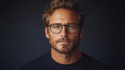 Portrait of a man with glasses showcasing a confident expression against a dark backdrop, emphasizing his striking features and style