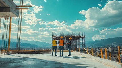 Team of engineers and architects inspecting construction progress, discussing plans with a large building framework in the distance, surrounded by construction materials and tools