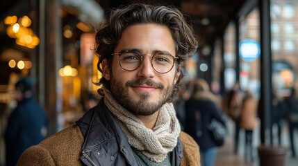 Fototapeta premium Young man with glasses and scarf smiles warmly in a bustling urban street during autumn afternoon