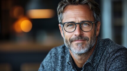 A smiling man with glasses enjoying a cozy indoor setting, capturing a moment of warmth and relaxation during daytime