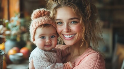 Obraz premium Mother smiles at camera while holding baby. Multitasking. Relaxing atmosphere at home.