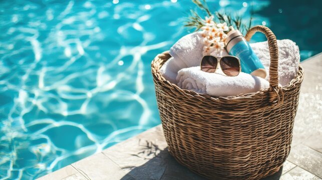 A large basket filled with beach towels, sunscreen, and flip-flops, set near a pool with crystal clear water
