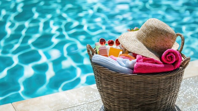 A large basket filled with beach towels, sunscreen, and flip-flops, set near a pool with crystal clear water