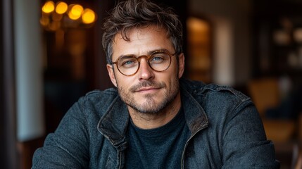 Obraz premium A man with stylish glasses enjoying a relaxed moment in a cozy café during late afternoon