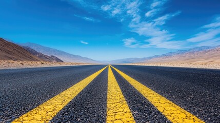 Naklejka premium A long desert road with yellow traffic lines, stretching endlessly under a vast, cloudless sky