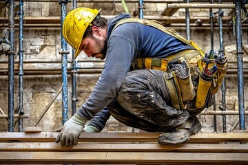 Construction Worker on Scaffolding with Tools
