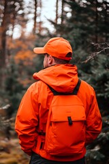 Man in Orange Jacket with Backpack Hiking in Forest