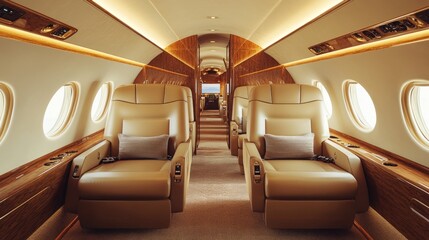 A luxury private jet interior with leather seats, plush carpeting, and elegant decor accents, ready for takeoff