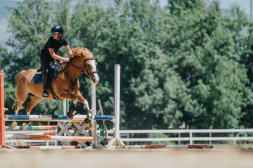 Equestrian rider skillfully jumps a brown horse over an obstacle during an outdoor training session. The focus is on the synergy between the horse and rider.