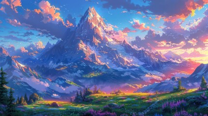 A vibrant mountain landscape at sunset, showcasing colorful skies and blooming flowers in a serene environment.