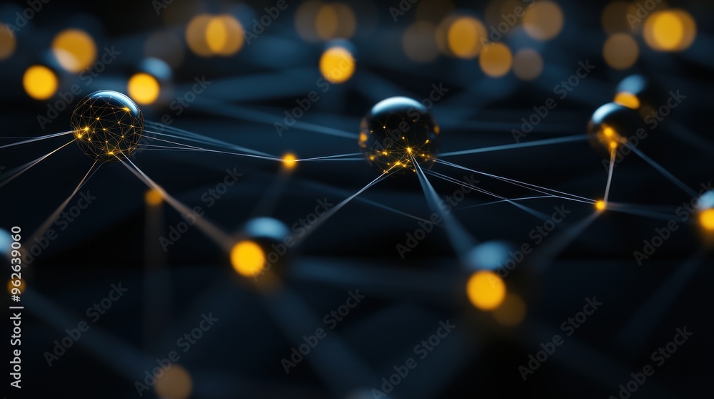 Poster a close-up view of interconnected nodes and lines, representing a network or molecular structure.