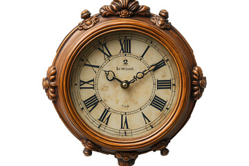 antique wall clock with ornate bronze frame and intricate floral details, featuring a cream-colored clock face with Roman numerals, the clock hands elegantly styled and indicating the time, slightly a