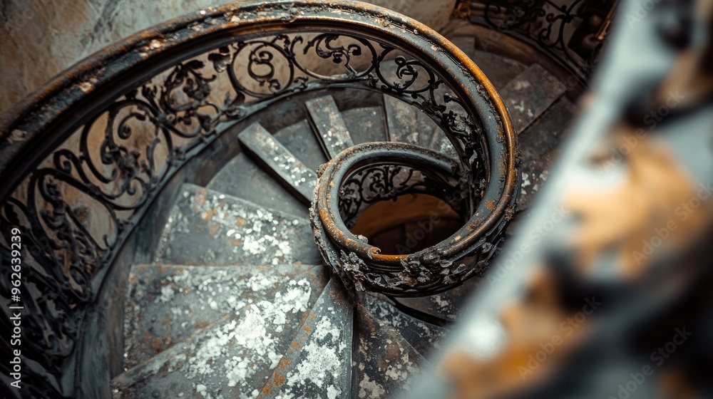 Canvas Prints A close-up view of an ornate spiral staircase with a vintage design and weathered details.