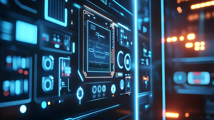 Obraz premium Futuristic Tech Interface with Blue Glowing Lights - 3D Illustration
