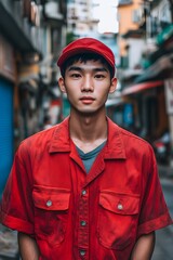 Young Man in Red Shirt and Cap Standing in City Alley