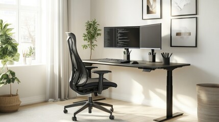 A modern home office setup with a sleek desk, ergonomic chair, dual monitors, and a houseplant, in a bright room -