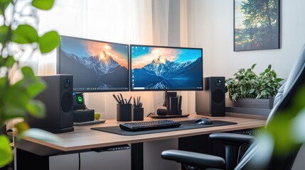 A modern home office setup with a sleek desk, ergonomic chair, dual monitors, and a houseplant, in a bright room -