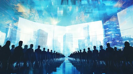 Silhouettes of attendees at a large business conference with a futuristic cityscape backdrop, showcasing a modern, high-tech corporate environment.