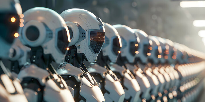 Row of white robot heads in row

