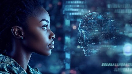 A woman in military uniform gazes at a glowing digital AI head, symbolizing the intersection of technology, artificial intelligence, and human interaction.