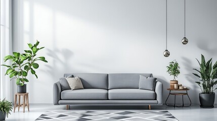 A modern living room with minimalist decor, featuring a grey sofa, geometric rug, and potted plants against a white wall