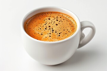 Close up of elegant porcelain cup with frothy coffee on white background, perfect for coffee lovers