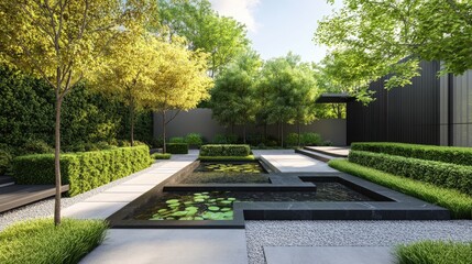 Obraz premium A modern minimalist garden with clean lines, sculpted hedges, a water feature, and sustainable landscaping elements
