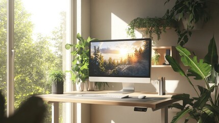 Fototapeta premium A modern, minimalist workspace with a standing desk, large monitor, and greenery, bathed in natural light from a nearby window