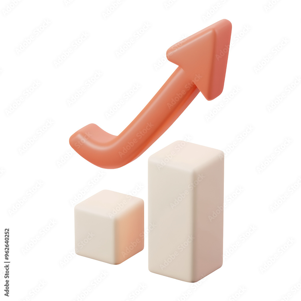 Poster red arrow and bar chart 3d render icon isolated on transparent background cutout