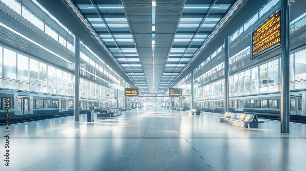 Wall mural a modern train station interior with a clean, streamlined design, high ceilings, and digital informa