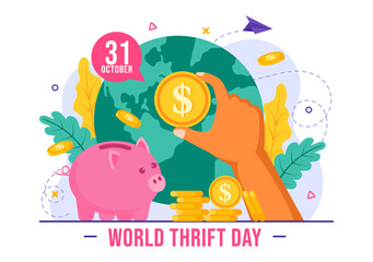 World Thrift Day Vector Illustration on 31 October with a Piggy Bank and Coins for Saving, Financial Literacy, and Economic Stability in a Background