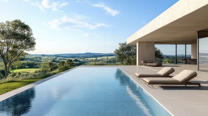Fototapeta premium A modern swimming pool area with clean lines, minimalistic loungers, and a beautiful view of the surrounding landscape