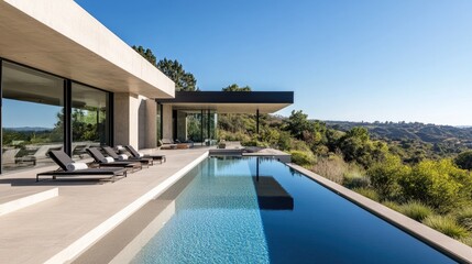 Fototapeta premium A modern swimming pool area with clean lines, minimalistic loungers, and a beautiful view of the surrounding landscape